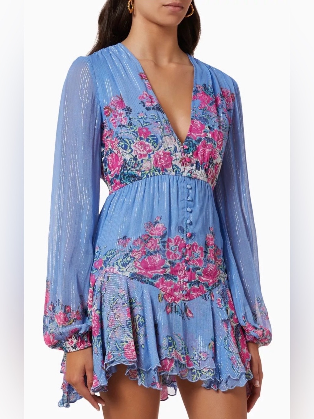 Hemant and Nandita Mila Plunged Short Dress Stone Blue Floral Metallic S NWT